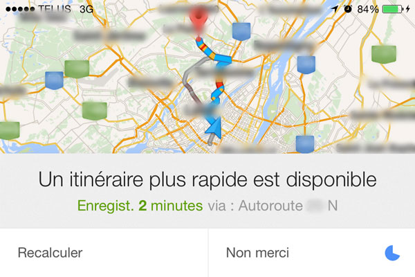 Google Maps intègre la fonction redirection de Waze. Un pop-up apparait quand un chemin plus sûr ou plus rapide est disponible