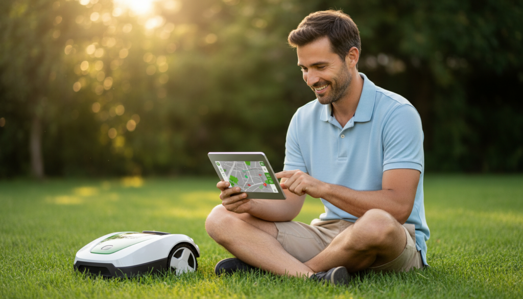 Un homme qui commande une tondeuse à gazon connectée via une technologie IoT