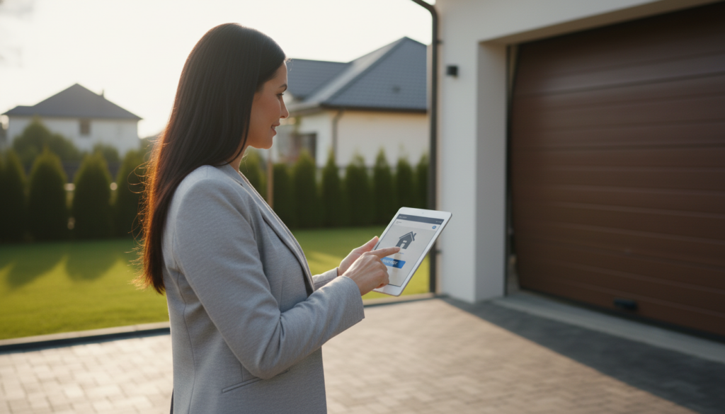 Une femme commandant une porte de garage connectée via une technologie IoT