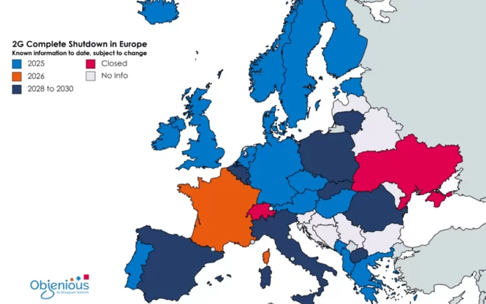 Carte de la fin progressive de la 2G/3G en Europe pour anticiper la migration IoT dans l'entreprise