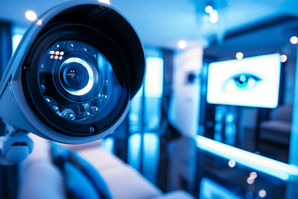Caméra de vidéosurveillance dans un intérieur de bureau moderne avec une lumière bleue, gros plan sur un système de sécurité et un écran d'affichage montrant une icône d'œil en arrière-plan.