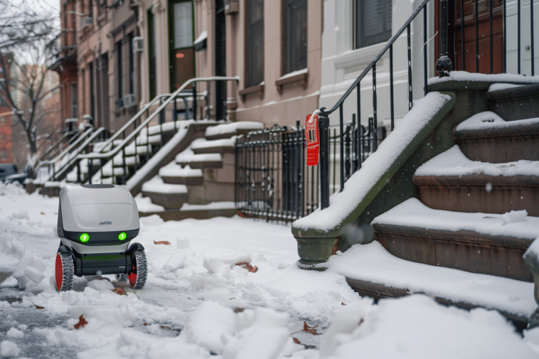 Un robot de livraison roulant dans la neige dans une rue