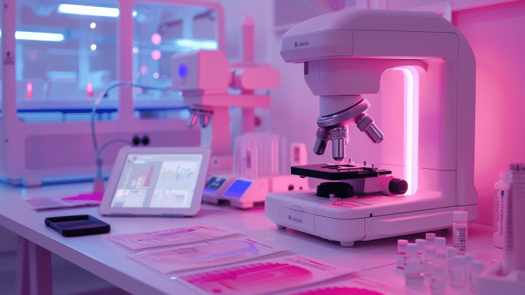 Laboratoire médicale où il y a un microscope électronique assisté par IA