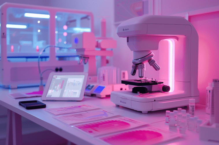 Laboratoire médicale où il y a un microscope électronique assisté par IA
