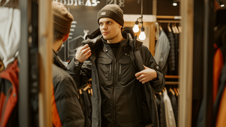 Un homme essayant une veste intelligente dans un magasin de vêtements
