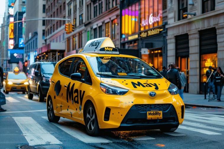 Photo d'un modèle de navette autonome de May Mobility roulant en ville