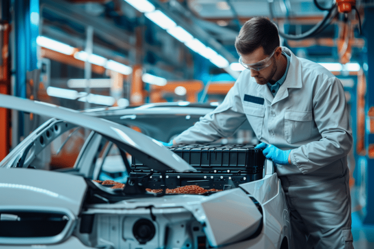 Technicien automobile installant une batterie nickel sur un modèle