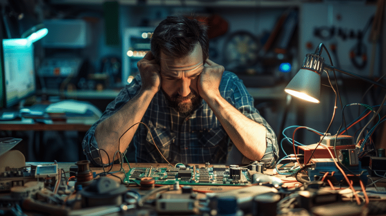 Ingénieur en électronique face à un bug sur un circuit.