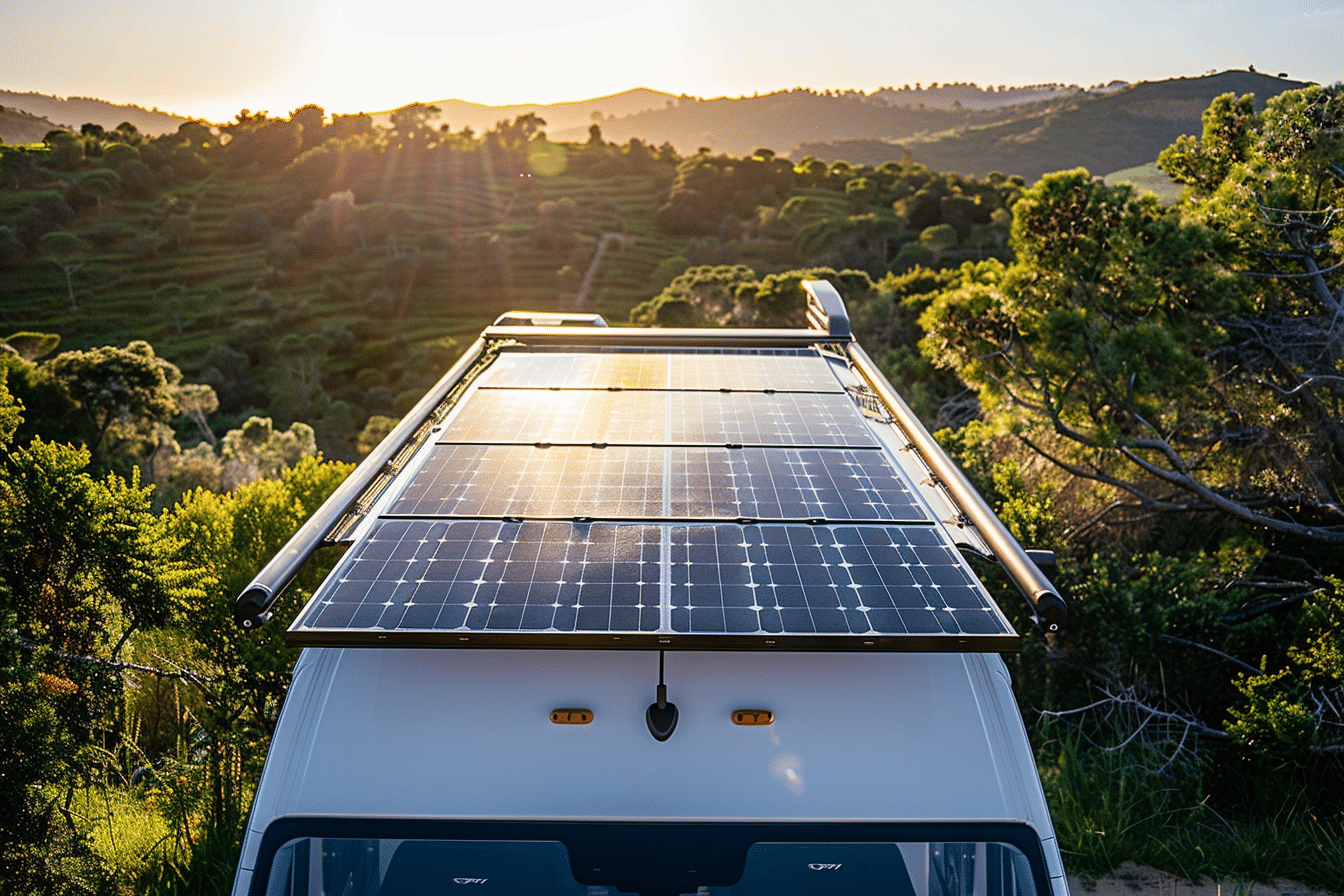 Panneau solaire sur un van aménagé pour l'indépendance énergétique et la mobilité.