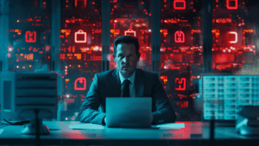 Un professionnel inquiet face à un écran d’ordinateur affichant des alertes de sécurité