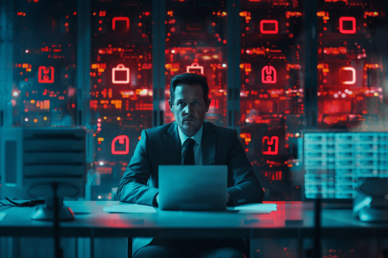 Un professionnel inquiet face à un écran d’ordinateur affichant des alertes de sécurité