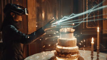 Un utilisateur de casque VR qui goutte à un gâteau virtuellement