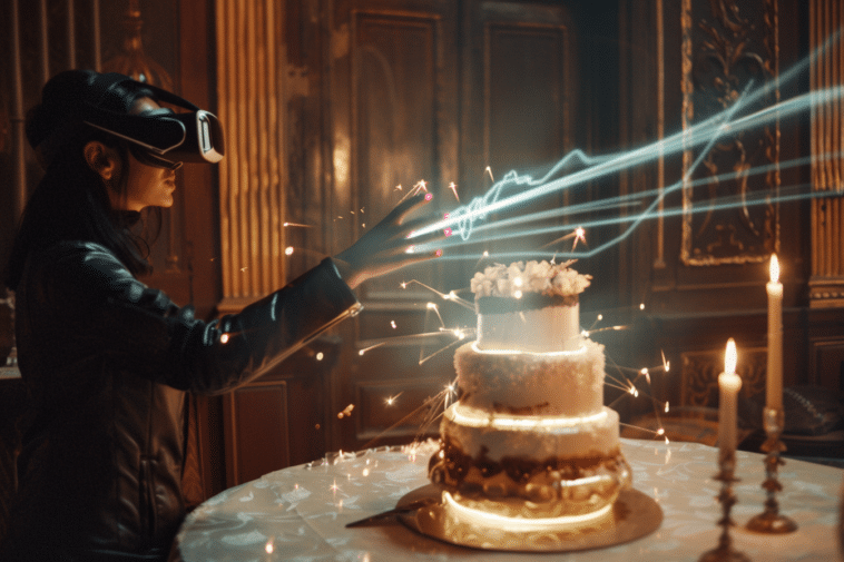 Un utilisateur de casque VR qui goutte à un gâteau virtuellement