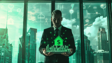 Un homme en costume dans une salle de réunion luxueuse, tenant des maquettes d’hôtels avec un symbole de maison économe en énergie au dessus
