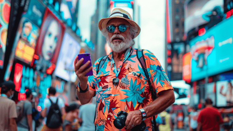 Un touriste à Times Square vérifiant son GPS sur son smartphone, entouré de l'agitation de New York