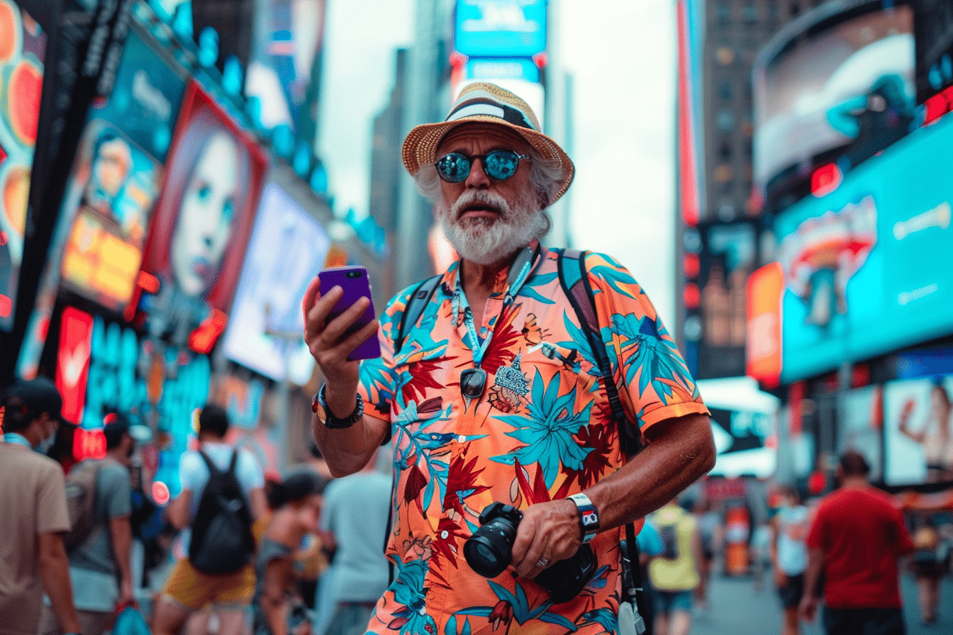 Un touriste à Times Square vérifiant son GPS sur son smartphone, entouré de l'agitation de New York