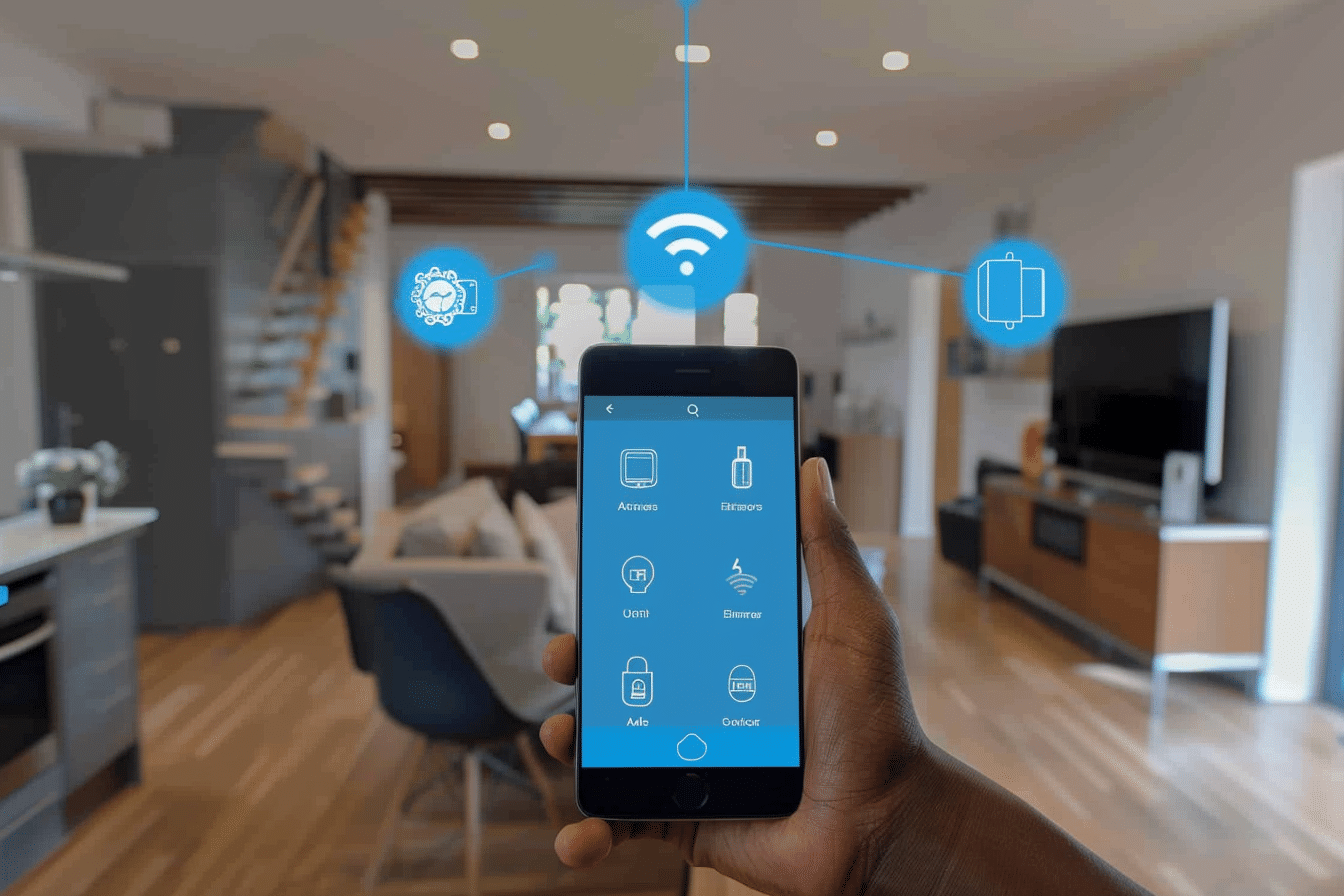 Personne contrôlant des objets connectés dans une maison via smartphone.