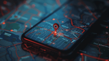 Écran de smartphone affichant une carte GPS ultra-détaillée, avec une cible de localisation rouge bien visible sur une zone précise.