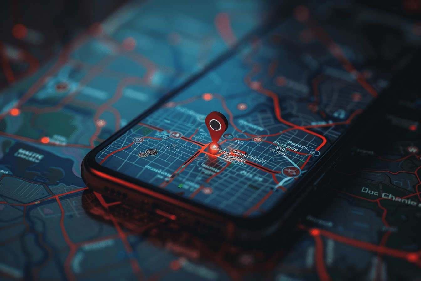 Écran de smartphone affichant une carte GPS ultra-détaillée, avec une cible de localisation rouge bien visible sur une zone précise.