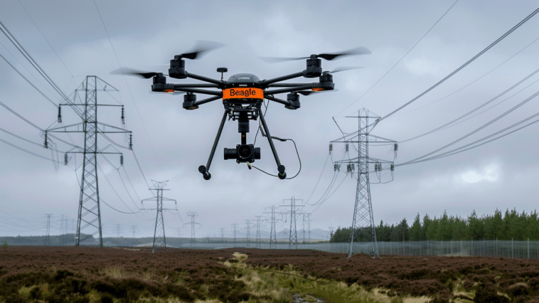 Drone de Beagle survolant un champ avec des pilonnes