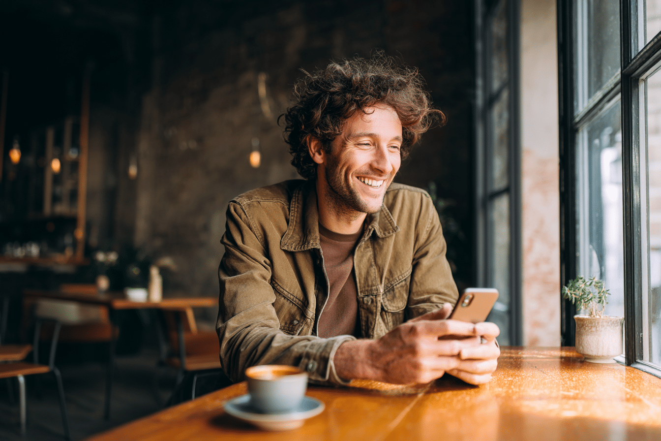 Jeune personne souriante utilisant un iPhone reconditionné dans un café, avec une tasse de café et une ambiance chaleureuse.