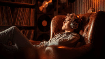 Un mélomane allongé dans un fauteuil en cuir au look rétro, casque HiFi sur les oreilles, yeux fermés, baigné dans une lumière chaude.