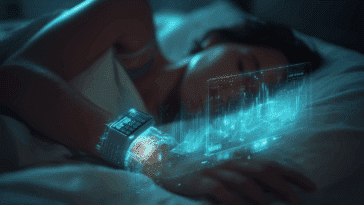 Une personne dormant paisiblement dans son lit la nuit, portant un bracelet connecté élégant, avec des données holographiques lumineuses et des graphiques de sommeil qui s’en échappent