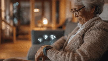 Personne âgée chez elle utilisant une montre connectée de santé avec affichage des signaux Wi-Fi et réseau, dans un salon chaleureux.
