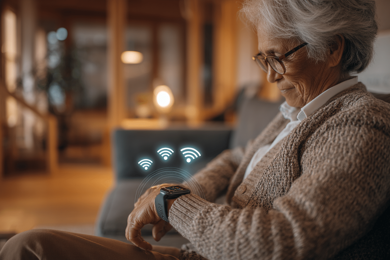 Personne âgée chez elle utilisant une montre connectée de santé avec affichage des signaux Wi-Fi et réseau, dans un salon chaleureux.
