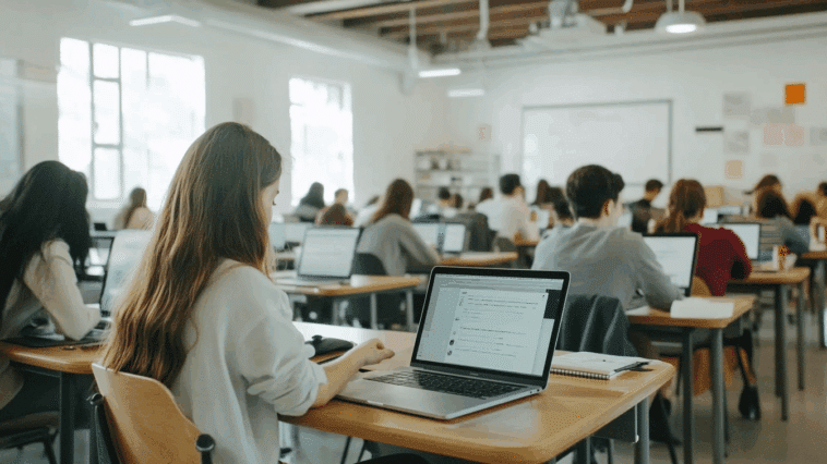 Salle de formation moderne avec des élèves concentrés sur leurs ordinateurs portables