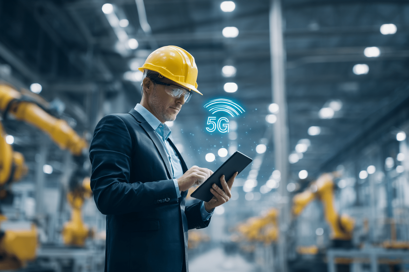 Un homme sûr de lui portant un costume avec cravate et un casque de sécurité jaune marche dans une usine intelligente moderne, une tablette numérique à la main, un signal 5G bleu lumineux au-dessus de sa tête