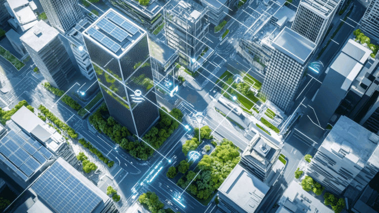 Photorealistic rendering of a modern connected city illustrating smart infrastructure including glass buildings, solar panels, green rooftops, autonomous vehicles, and 5G towers. A subtle digital network visualizes the connectivity between systems. Reflects the trillion-dollar economic scale of future smart cities.