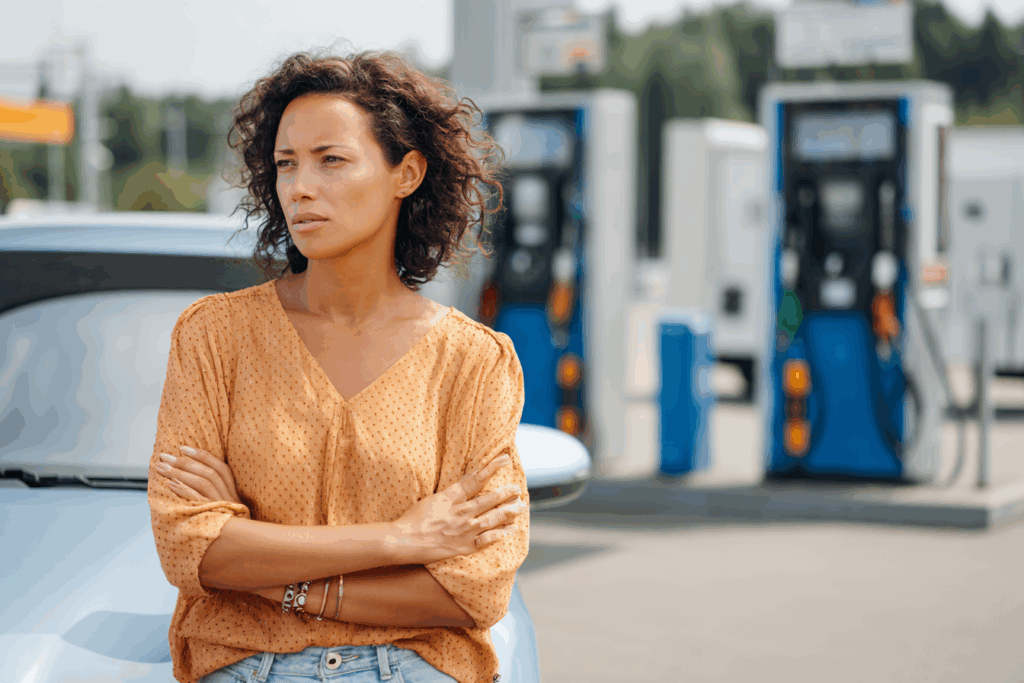 Conductrice indécise devant trois options de carburant — essence, diesel, électrique — sur une station-service, à côté de sa voiture garée.