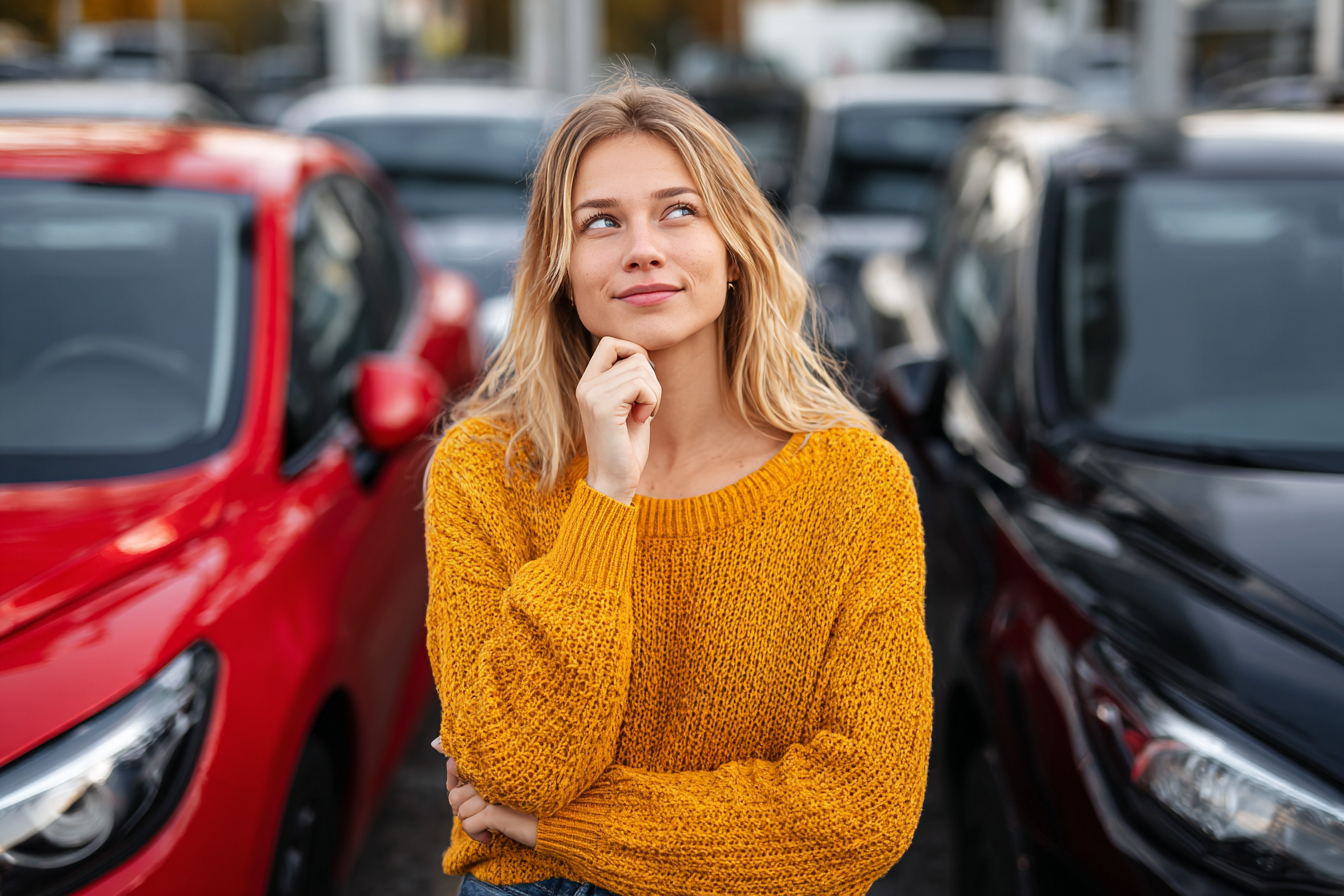 Jeune femme hésitant entre deux voitures, l’une rouge et l’autre noire, sur un parking ou devant une concession, expression pensive.
