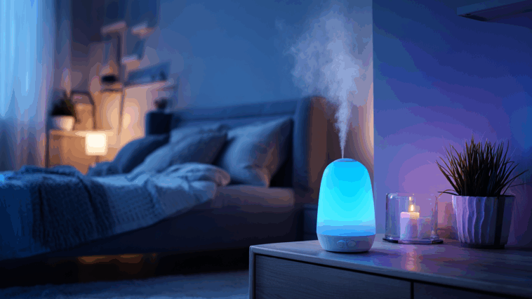 Chambre moderne éclairée en bleu doux avec capteurs de température et diffuseur d’huiles essentielles actif, ambiance apaisante.