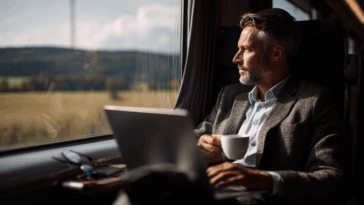 Homme élégant de la quarantaine installé dans une rame TGV, travaillant sur un ordinateur portable avec un café à la main, paysage visible à travers la fenêtre.