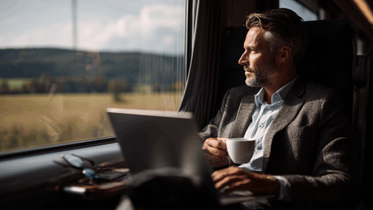 Homme élégant de la quarantaine installé dans une rame TGV, travaillant sur un ordinateur portable avec un café à la main, paysage visible à travers la fenêtre.