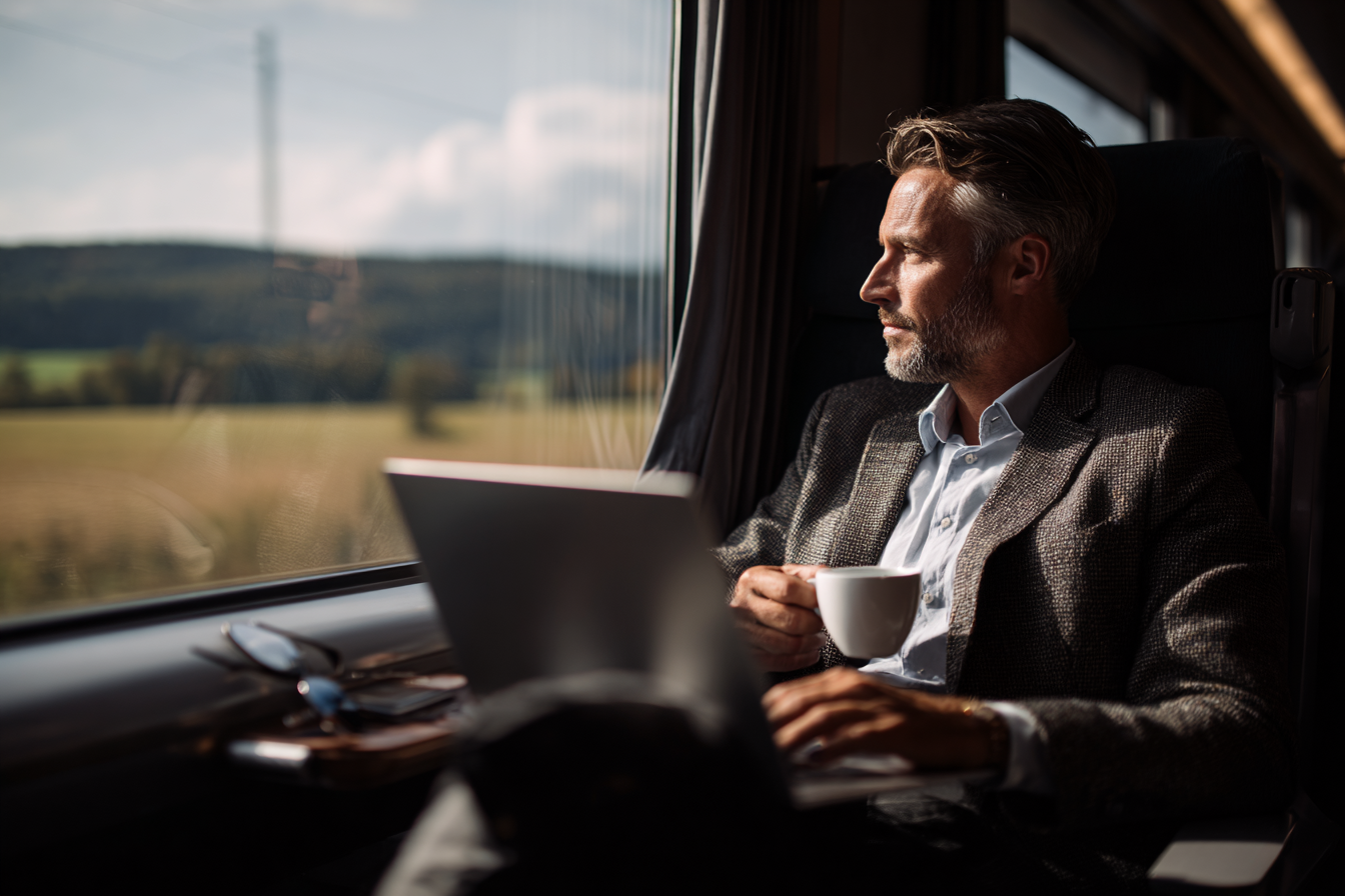 Homme élégant de la quarantaine installé dans une rame TGV, travaillant sur un ordinateur portable avec un café à la main, paysage visible à travers la fenêtre.