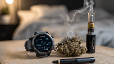 Montre connectée sur table de nuit affichant un graphique de sommeil, avec une fleur de CBD et un vapoteur diffusant de la fumée.