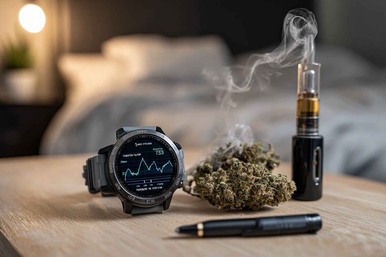 Montre connectée sur table de nuit affichant un graphique de sommeil, avec une fleur de CBD et un vapoteur diffusant de la fumée.