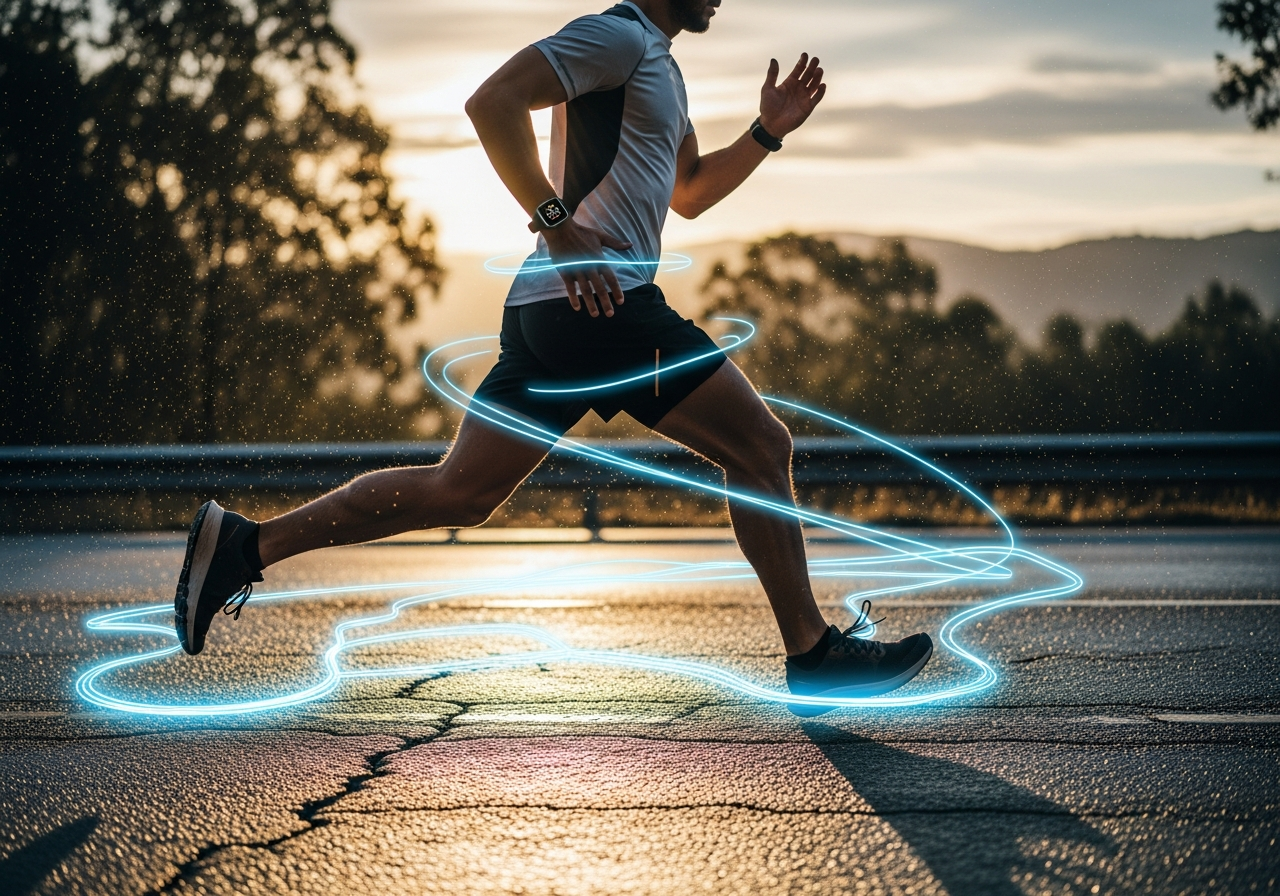 Coureur équipé d’une montre connectée, entouré d’un tracé GPS lumineux en transparence, courant sur une route en extérieur.