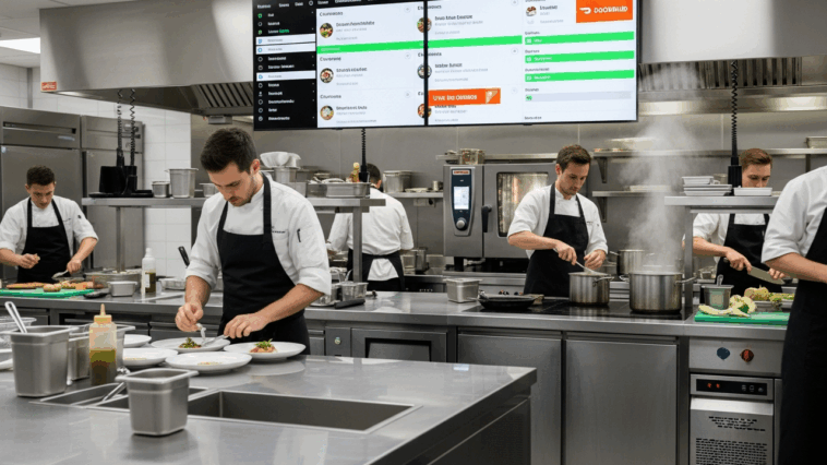 Cuisine professionnelle moderne avec écran numérique affichant commandes et livraisons, symbole des nouvelles cuisines digitales connectées.
