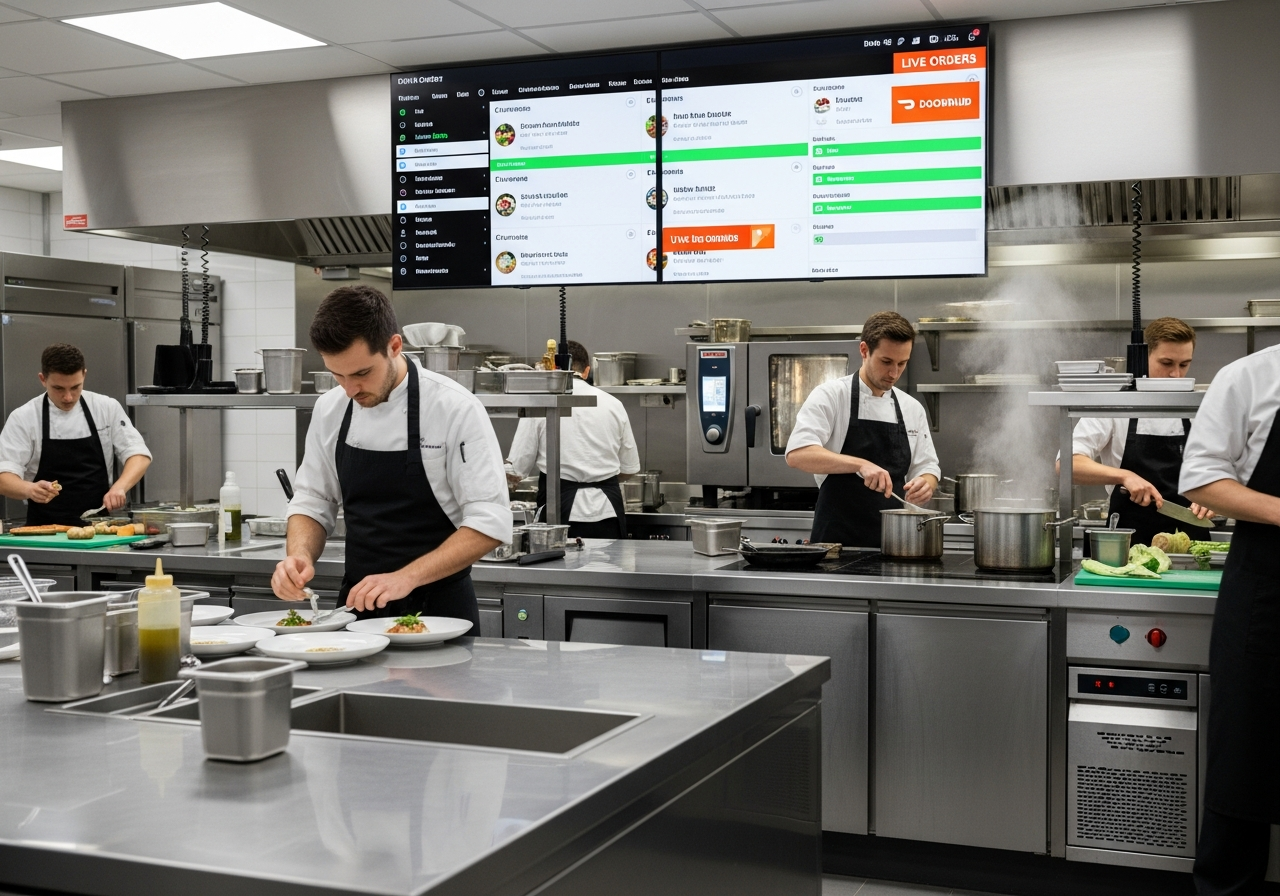 Cuisine professionnelle moderne avec écran numérique affichant commandes et livraisons, symbole des nouvelles cuisines digitales connectées.
