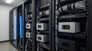 Salle serveur compacte avec des modules edge en façade, câblage parfaitement rangé et LED bleues, dans une ambiance futuriste mais réaliste.