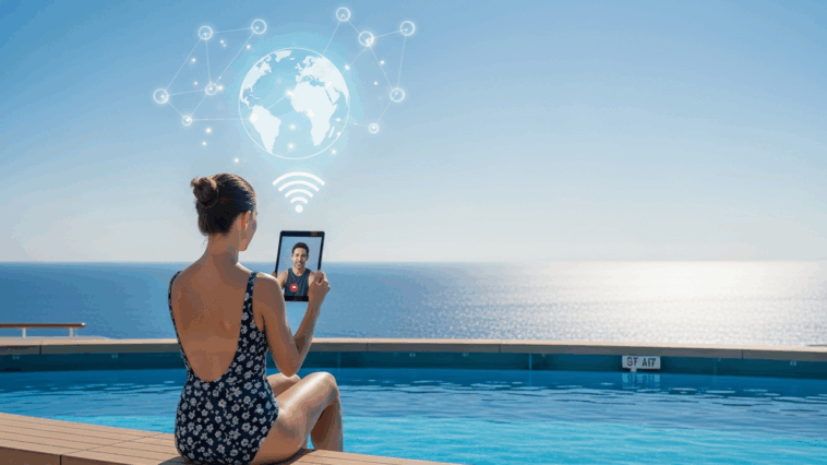 Femme utilisant une tablette avec l’eSIM GigSky sur un paquebot, appel vidéo en mer sous un ciel bleu, symbole de connexion holographique.