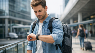 Voyageur en déplacement léger consultant sa smartwatch en ville ou à l’aéroport, illustrant le fait de rester connecté sans son smartphone.