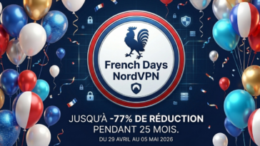 Visuel publicitaire festif pour les « French Days NordVPN ». Au centre, un médaillon circulaire tricolore affiche un coq bleu et le logo de la marque. Le fond bleu est décoré de nombreux ballons bleus, blancs, rouges et dorés, ainsi que de serpentins. En bas, le texte annonce « JUSQU'À -77% DE RÉDUCTION PENDANT 25 MOIS » pour la période du 29 avril au 05 mai 2026.