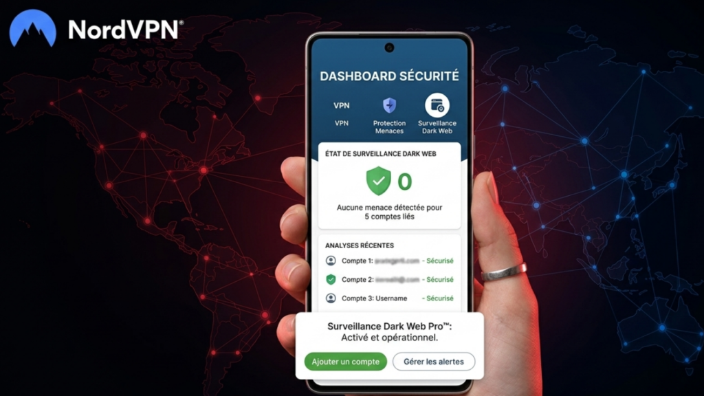 Vue d'un smartphone tenu en main affichant le « DASHBOARD SÉCURITÉ » de NordVPN sur fond de carte du monde stylisée. L'écran montre l'état de la « Surveillance Dark Web » avec un bouclier vert et le chiffre 0, indiquant « Aucune menace détectée pour 5 comptes liés ». En bas, un message confirme que la fonctionnalité « Surveillance Dark Web Pro » est activée et opérationnelle.