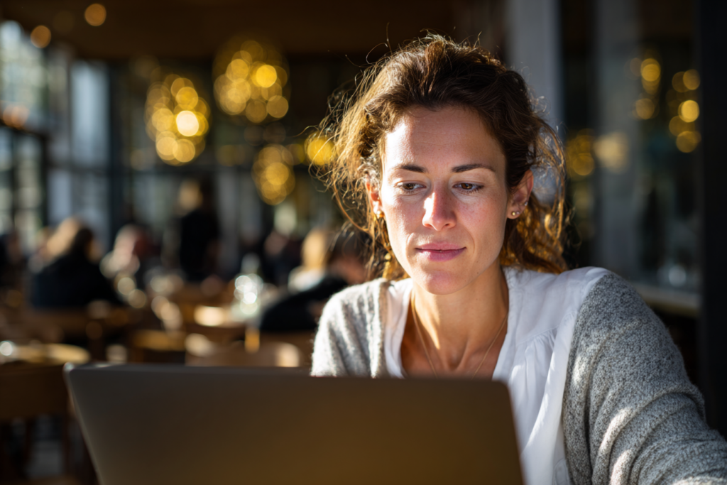 Femme concentrée dans un café lumineux consultant un MacBook, avec une fine projection holographique translucide de barres de stockage cloud devant l'écran, lumière naturelle de façade et bokeh chaud en arrière-plan.