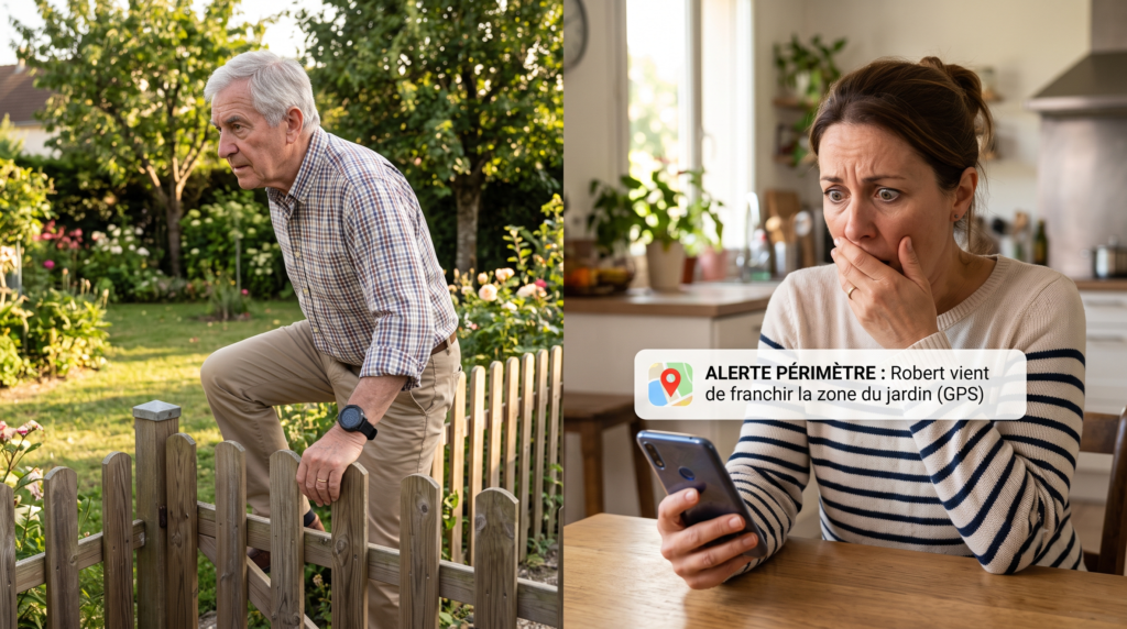 Un homme âgé portant une montre connectée GPS franchit une clôture de jardin, pendant que sa fille horrifiée reçoit une alerte de localisation sur son smartphone.